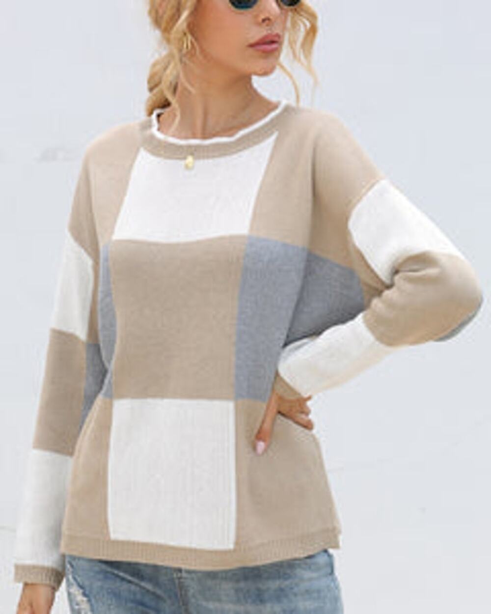 Paper Crane Plaid Knit Oversize Colorblock Sweater Brown Pullover Crew Neck Sz M